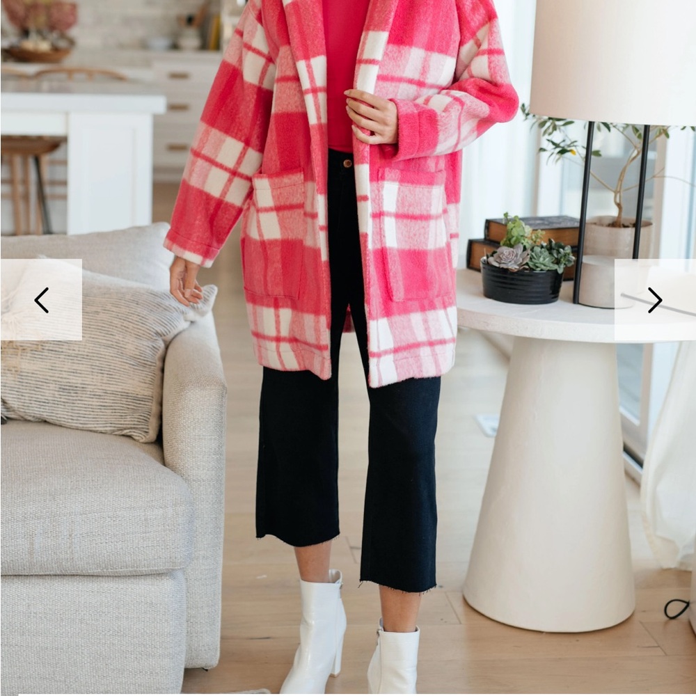 Pink Plaid Coat with White Accents